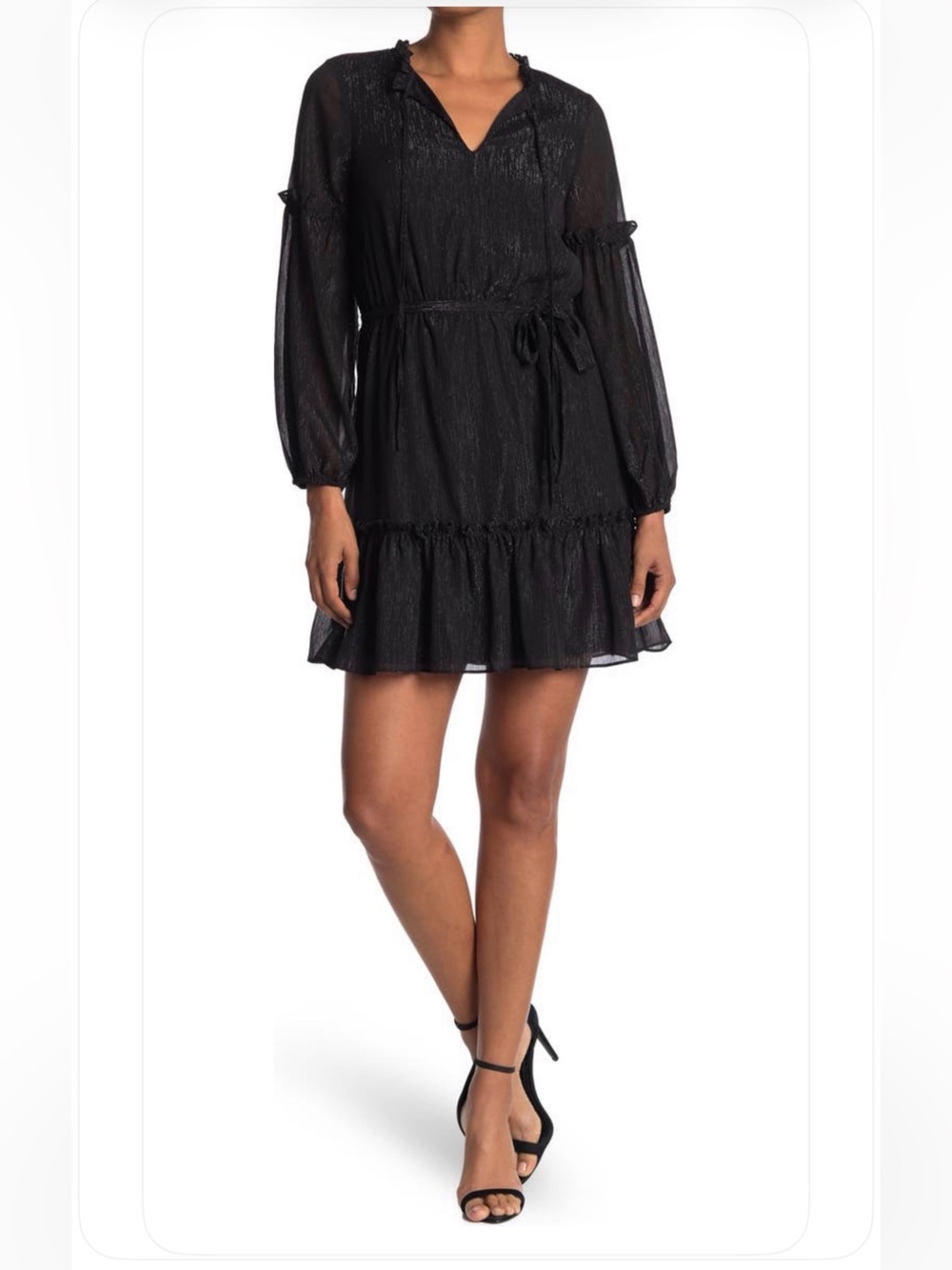 Laundry By Shelli Segal Black Long Sleeve Ruffled Shirt Mini Dress